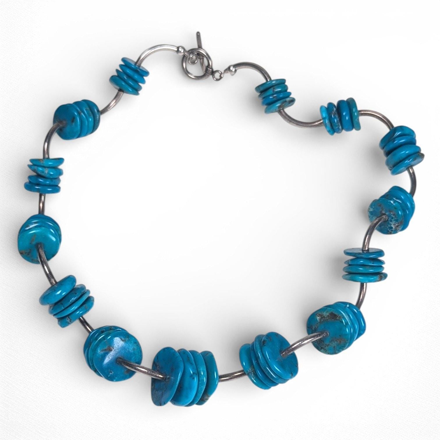 Vintage Sterling Silver & Turquoise Collar Necklace, Natural Stone, 16 Inch