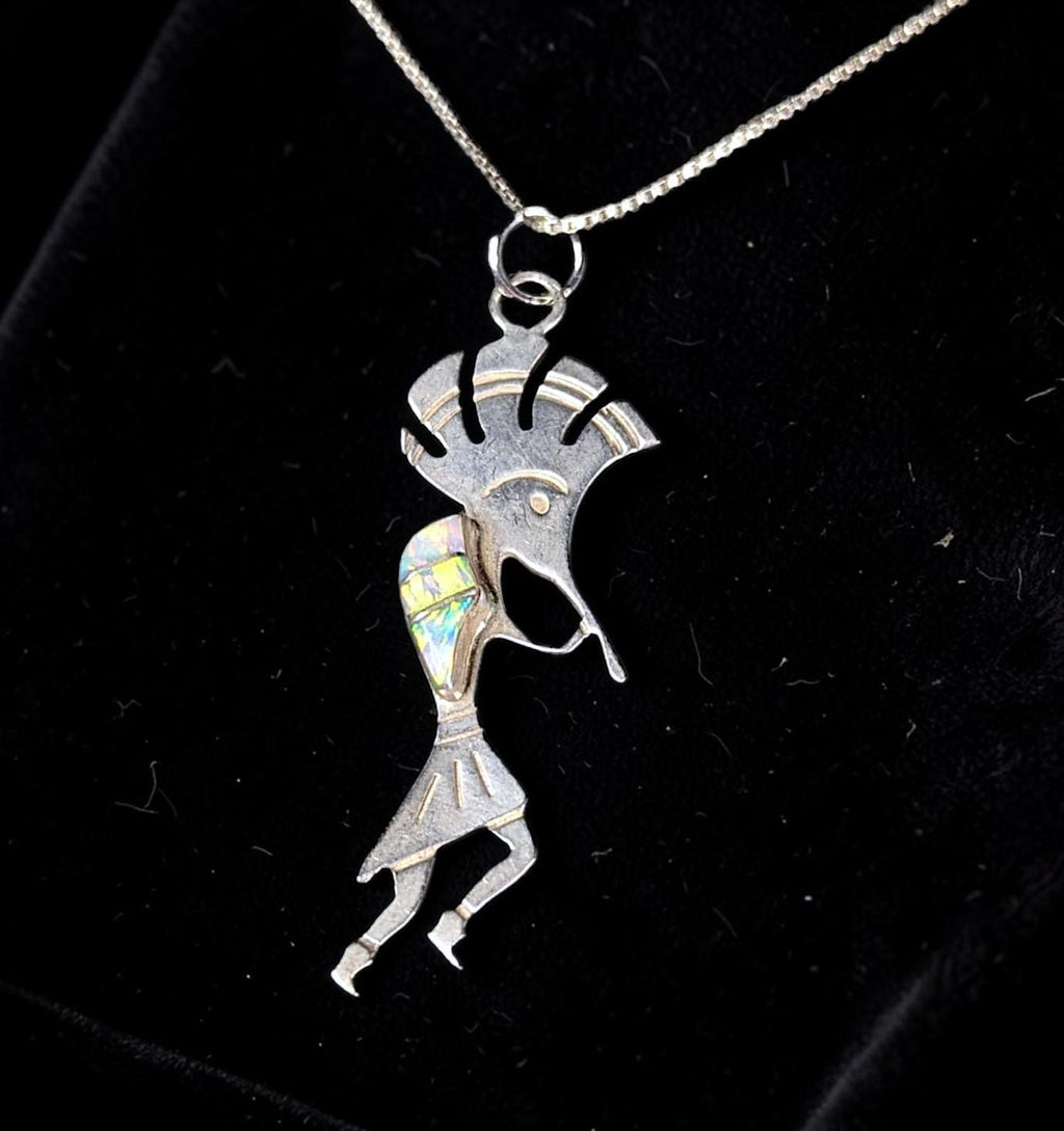 Vintage Sterling Silver Kokopelli Opal Inlay Pendant Necklace 18" Chain