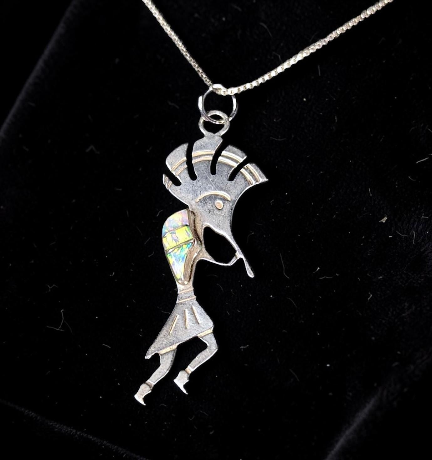Vintage Sterling Silver Kokopelli Opal Inlay Pendant Necklace 18" Chain