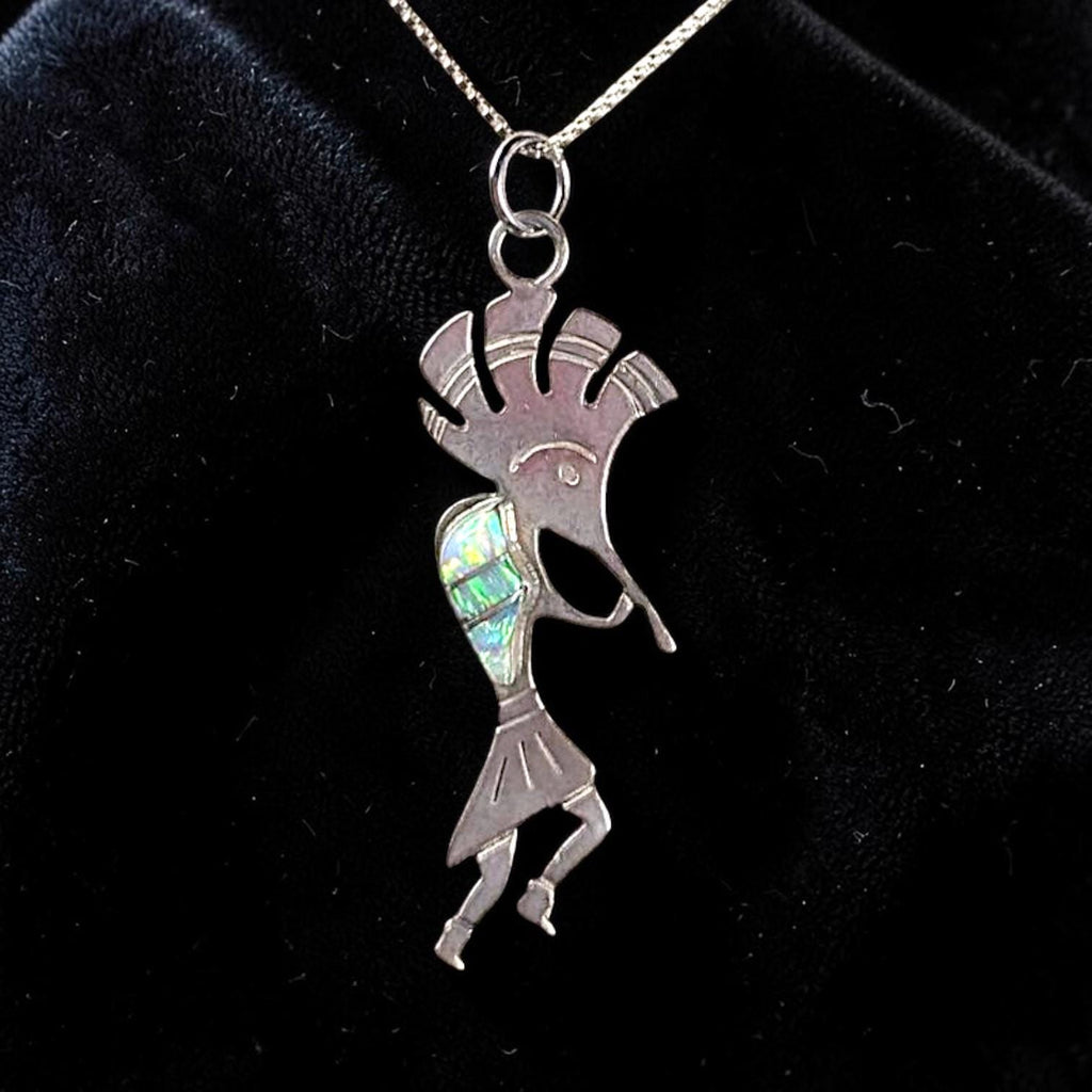 Vintage Sterling Silver Kokopelli Opal Inlay Pendant Necklace 18" Chain