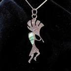 Vintage Sterling Silver Kokopelli Opal Inlay Pendant Necklace 18" Chain