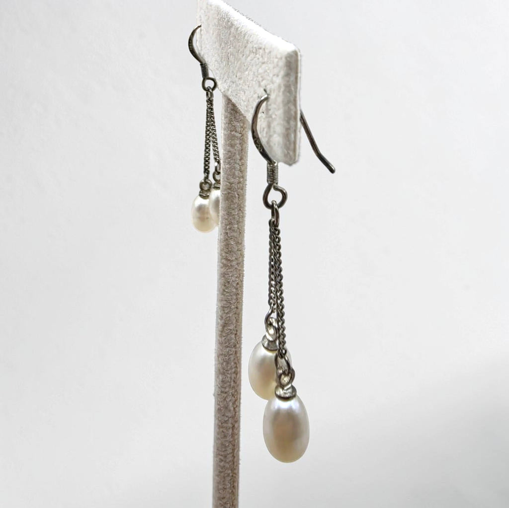 Vintage Sterling Silver Freshwater Pearl Double Drop Dangle Earring