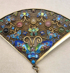 Vintage Chinese Sterling Vermeil Cloisonné Fan Brooch with Butterflies & Rubies