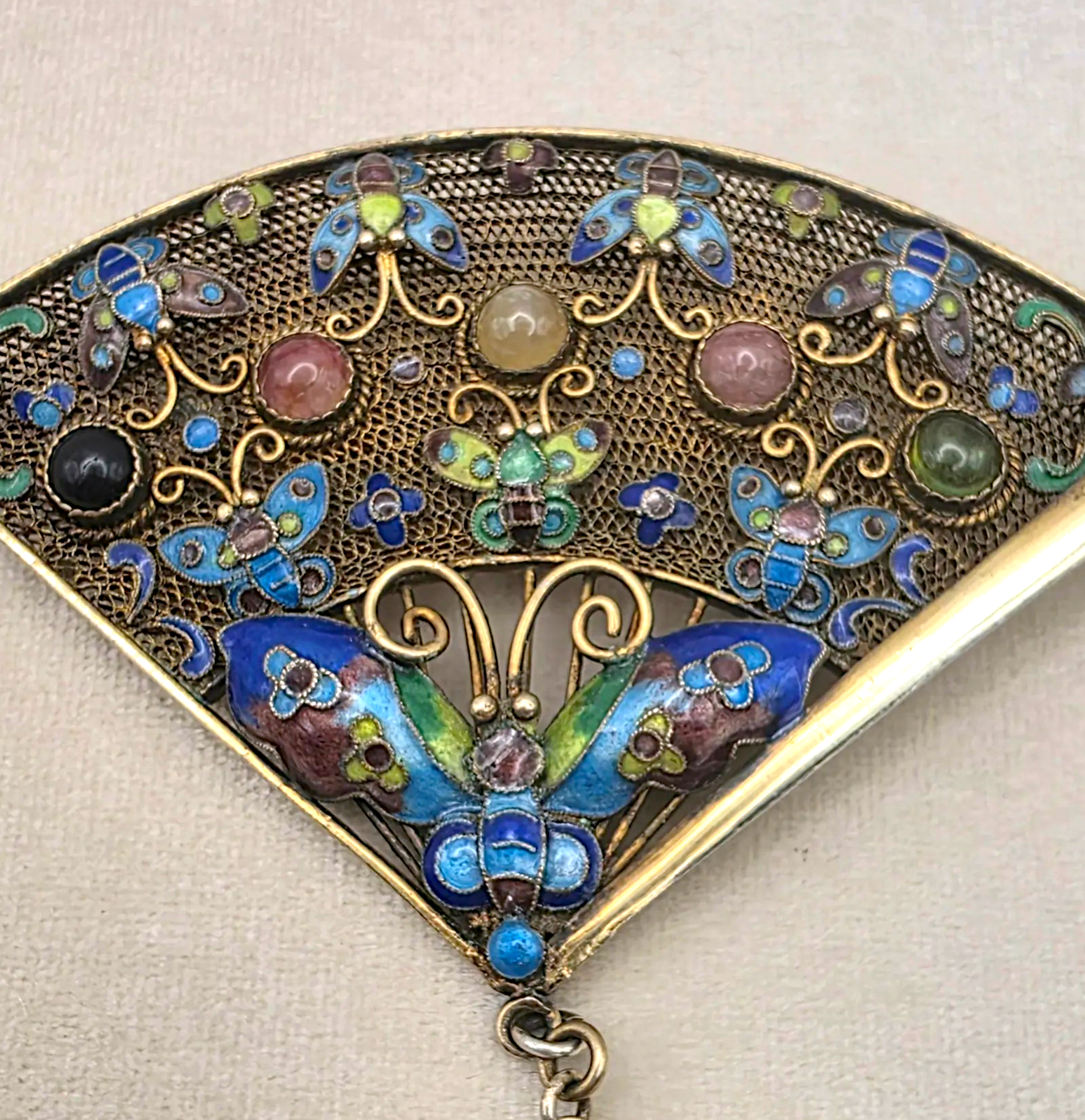 Vintage Chinese Sterling Vermeil Cloisonné Fan Brooch with Butterflies & Rubies