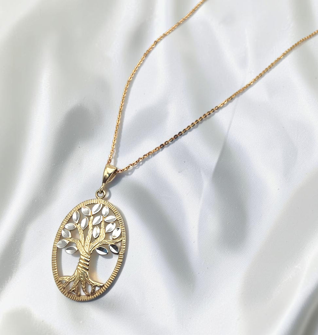 14K Solid Gold Tree of Life Pendant Necklace Cut White and Yellow Gold