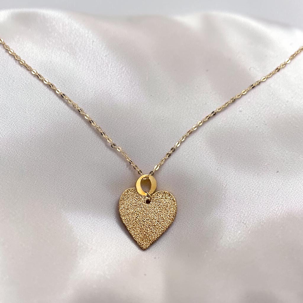 Vintage Italian 14K Gold Dainty Textured Heart Pendant Necklace, 18"