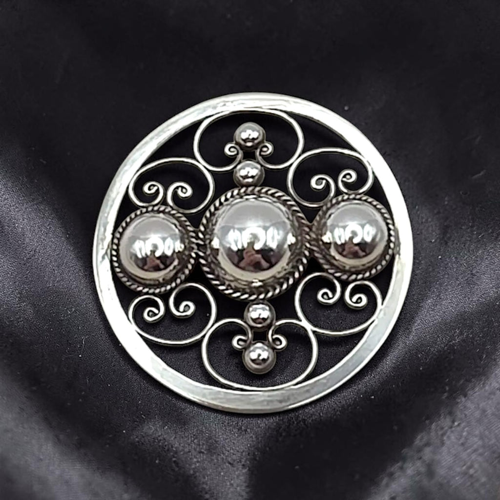 Vintage Mexican Sterling Silver Openwork Dome and Scroll Brooch AHCL 925
